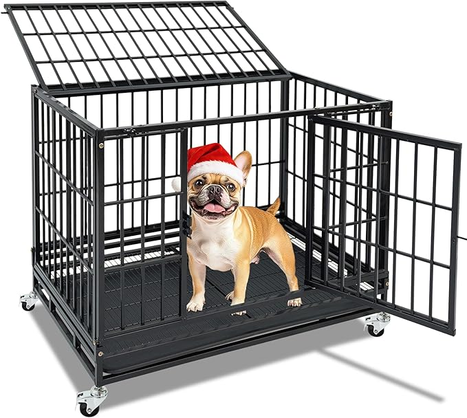 Stackable 36 Inch Dog Crate with Lockable Wheels, Top Access, Heavy Duty Indestructible Escape Proof Dog Crate Cage Kennel Indoor with Removable Tray & Metal Grids for High Anxiety Medium/Small Dogs