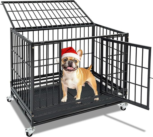 Stackable 36 Inch Dog Crate with Lockable Wheels, Top Access, Heavy Duty Indestructible Escape Proof Dog Crate Cage Kennel Indoor with Removable Tray & Metal Grids for High Anxiety Medium/Small Dogs