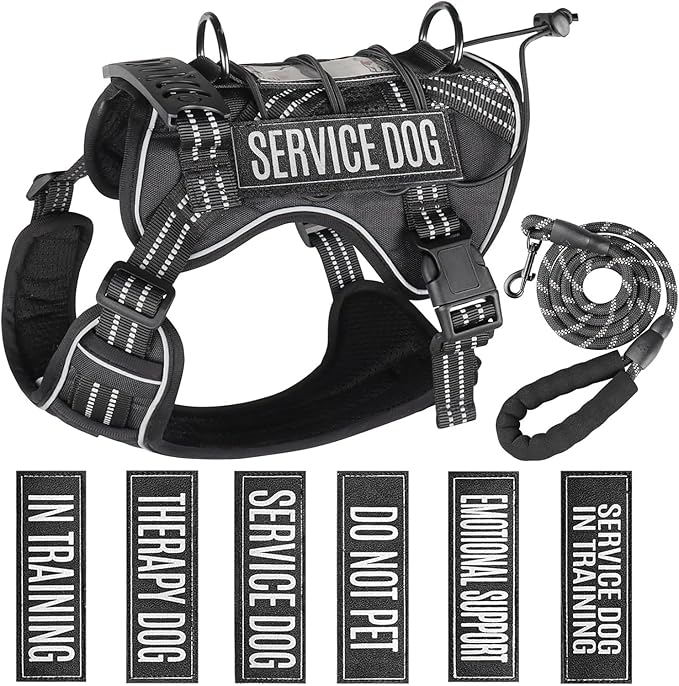 Service Dog Tactical Vest Harness and Leash Set Medium Sized Dog Emotional Support- Tactical Dog Harness Training Collar with Name (Black, M)