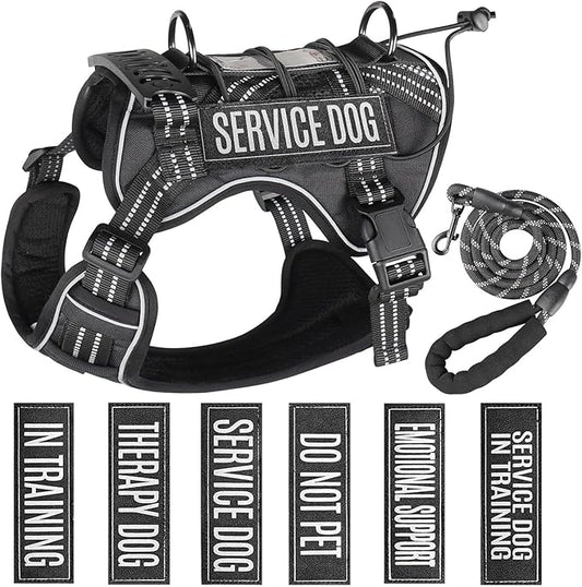 Service Dog Tactical Vest Harness and Leash Set Medium Sized Dog Emotional Support- Tactical Dog Harness Training Collar with Name (Black, L)