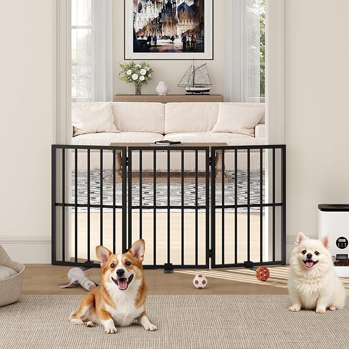 Dog Gate Indoor, Freestanding Foldable Pet Gate for The House, Doorway, Stairs, 48.2" W x 23.6" H Metal Step Over Fence with Support Feet, 3-Panel Pet Puppy Safety Fence, Black DGBK6001