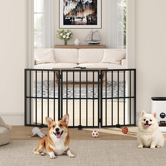 Dog Gate Indoor, Freestanding Foldable Pet Gate for The House, Doorway, Stairs, 48.2" W x 23.6" H Metal Step Over Fence with Support Feet, 3-Panel Pet Puppy Safety Fence, Black DGBK6001