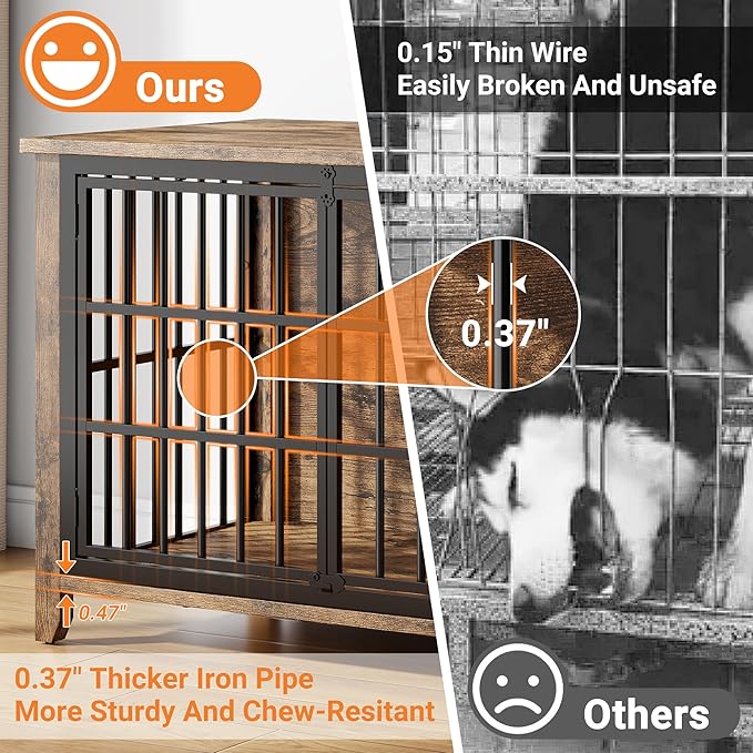 37.7" Dog Crate Furniture, Wooden Dog Kennel Indoor with 360° Rotating Feeder and 2 Adjustable Bowls, Decorative Side End Table Dog Cage for Medium Dogs, Rustic Brown