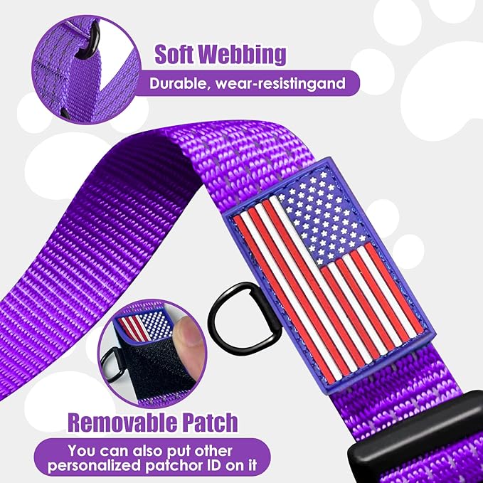 Martingale Dog Collar, Reflective No Pull Training Collar with Quick Release Buckle & USA Flag, Heavy-Duty Nylon, Adjustable for Small Medium Large Dogs (L,Purple with Flag