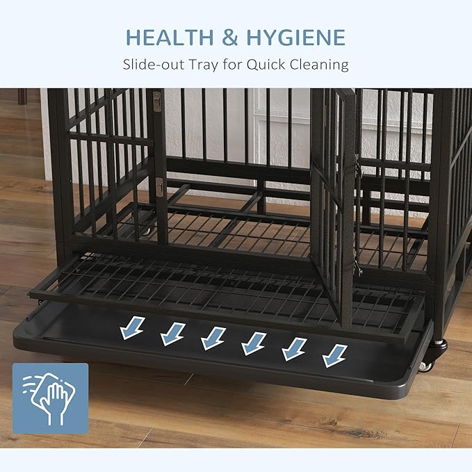 PawHut 36" Heavy Duty Dog Crate Metal Cage Kennel with Lockable Wheels, Double Door and Removable Tray, Gray