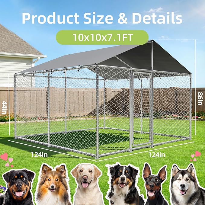 10x10 FT Outdoor Dog Kennel Heavy Duty Steel Dog House with Waterproof Roof, Secure Lock & UV Resistant Large Dog Cage for Garden, Patio, Backyard