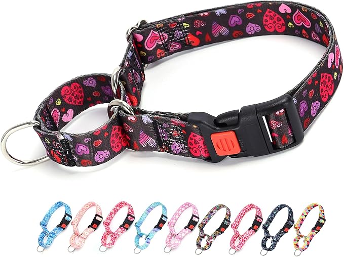 Martingale Collar for Dogs, Girl Dog Collar with Love Heart Design for Small Medium Large Dogs, Adjustable Safety Buckle Dog Collar for Training, Walking, Hunting (L)