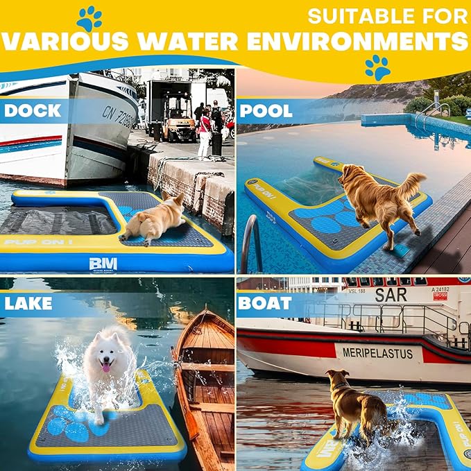 Beyond Marina Dog Pool Ramp - Inflatable Dog Water & Boat Ramp for Lake, Floating Pontoon Dock Ladder with Non-Slip EVA, PUP ON Standard, Extra Large 59" x 47" x 6", Blue/Yellow, Supports 230 lbs