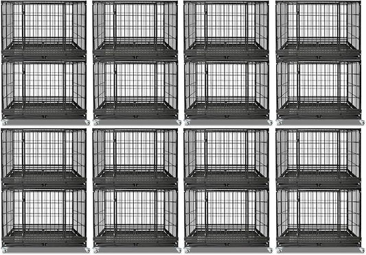 Homey Pet Heavy Duty Dog Crates for Large Dogs, 47 Inch Stackable Large Dog Crate Cage with 4 Wheels, 2 Removable Trays and Grids, 2 Bowls, Multi Locks Strong & Solid Escape Proof Dogs Kennel Indoor