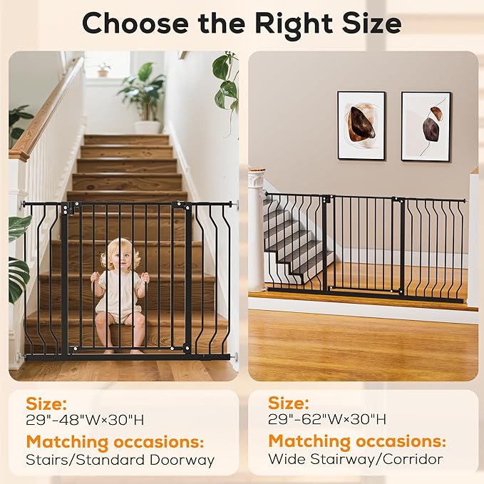 29-53" Baby Gate for Stairs, Baby Safety Essentials, Auto Close Gate for Doorways, Easy Install Pressure Mounted Dog Gate Indoor, Pet Gates for Dogs, Black
