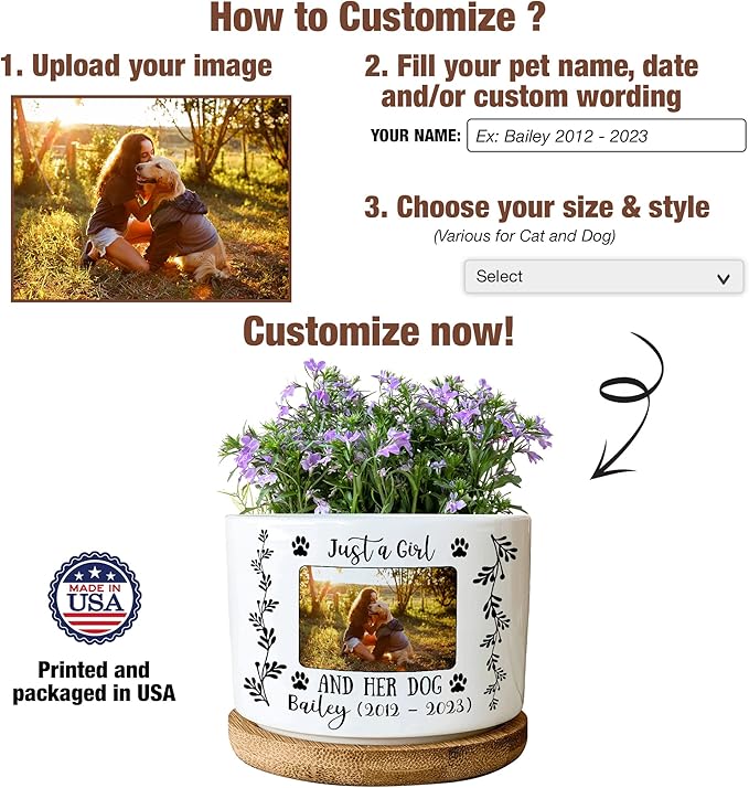 Personalized Pet Memorial Plant Pot Dog in Picture Deceased Customized Dog Cat Pet Remembrance Passing Away Heartfelt Sentimental Quote Frame Gift for Pet Owner Christmas Meaningful Birthday