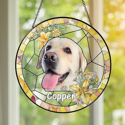 NAZENTI Personalized Dog Memorial Suncatcher, Sympathy Gift for Loss of Pet, Dog Remembrance Gift, Stained Glass Suncatcher, Custom Portrait Photo and Name, Pet Memorial Ornament Window Hanging 2