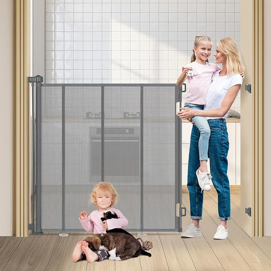 47" Extra Tall Retractable Baby Gates, Extends to 59" Wide, ExtraTall Retractable Safety Gate with Reinforced Strips, Retractable Tall Dog Gates for Doorways Mesh Baby Pet Gates Indoor, Grey