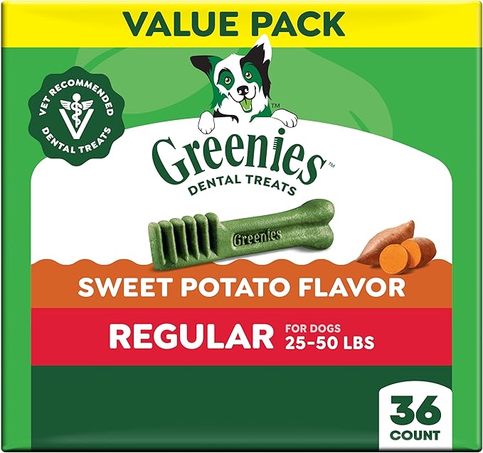 Greenies Veterinarian-Recommended Natural Dental Dog Treats, Dental Chews for Dogs, Regular Size, Sweet Potato Flavor, 36 oz. Pack, 36 Count