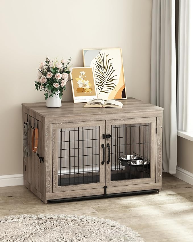 Piskyet Wooden Dog Crate Furniture with 360°Rotatable Removable Dog Bowls, Dog Crate End Table with Tray(L:37.7" L*25.1" W*26.1" H, Gray)