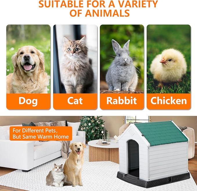 Large Plastic Dog House Indoor Outdoor Doghouse Dog Kennel Easy to Assemble Puppy Shelter with Air Vents Elevated Floor Waterproof Green