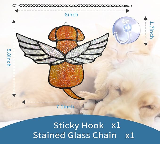 Stained Glass Angel Rainbow Wing Memorial for Loss of Dog, Dog Bereavement Gift (Orange)