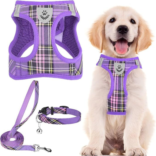 PUPTECK Adjustable Dog Harness Collar and Leash Set Step in No Pull Pet Harness for Small Medium Dogs Puppy and Cats Outdoor Walking Running, Soft Mesh Padded Reflective Vest Harnesses, Purple L