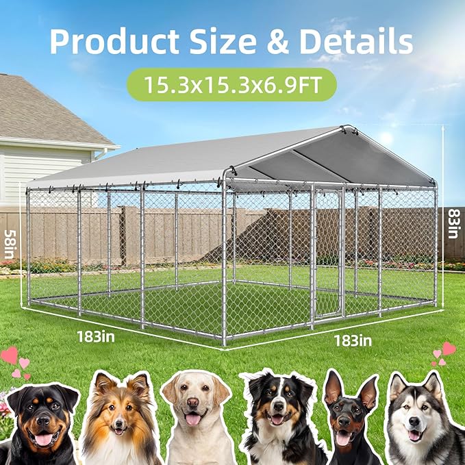15.3x15.3FT Outdoor Dog Kennel, Heavy Duty Metal Dog Enclosure with Waterproof Oxford Roof & Security Lock, Galvanized Steel Wire Mesh Dog Run for Large Dogs & Small Animals (183x183x83IN)