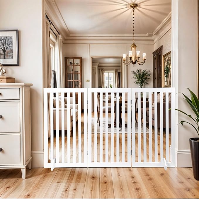 Freestanding Pet Dog Gate, 3-Panel/ 4-Panel Wooden Folding Fence for Hallway,Doorway,Hall,Stair,24 Inch Height Indoor Foldable Dog Fence