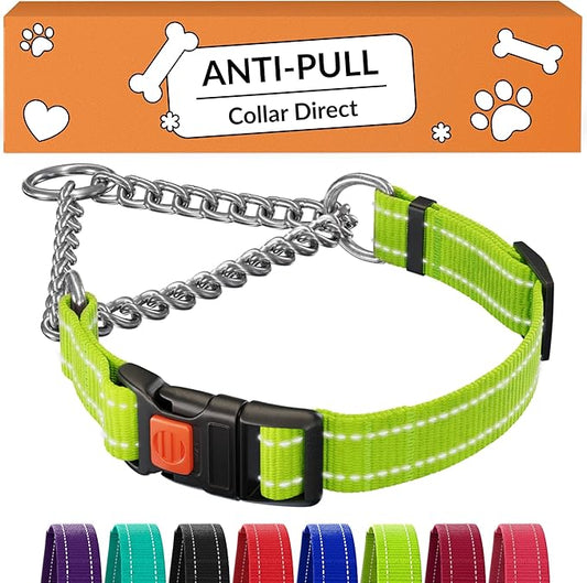 CollarDirect Martingale Dog Collar with Stainless Steel Chain and Quick Release Buckle - Reflective Collar for Large, Medium, Small Dogs - Lime Green, Medium (Neck Size 14"-17")