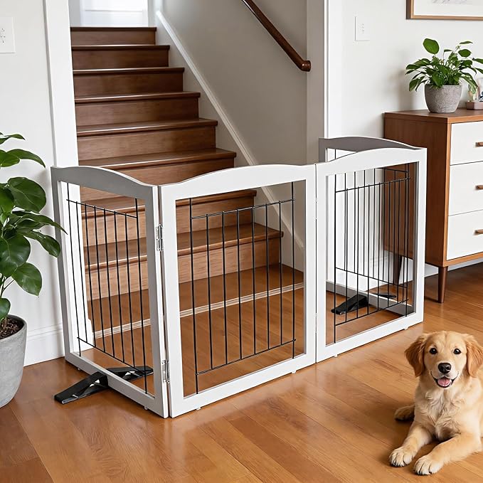 Dog Fence Indoor,Dog Gate Indoor for Doorway pet gate -3-Panel Freestanding, Hallways, House or Stairs -60x32-Inch Retractable Foldable Expandable Wood Pet by SFJC (Grey) ﻿
