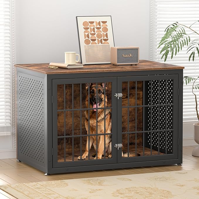 48" Rustic Heavy Duty Dog Crate Furniture for Extra Large Dogs, Metal Kennel for High Anxiety Dogs, Wooden Cage Furniture Indoor, Decorative Dog Kennel End Table, XL