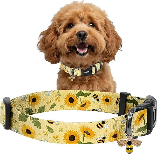 Kazazoo Dog Collar Cute and Soft Nylon Puppy Collar for Boy and Girl, Adjustable Dog Collars for Small Medium Dogs, Bees and Sunflowers-S