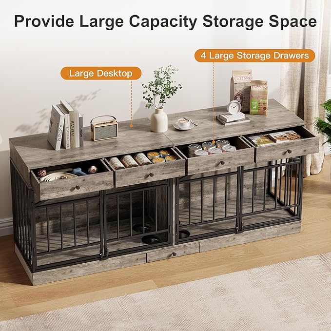 IDEALHOUSE 78.7" Double Dog Crate Furniture with Storage and 4 Doors, Dog Kennel Indoor with Feeding Bowls, Wood Dog Crate TV Stand for Small Medium Dogs, Grey