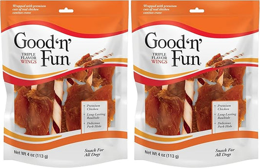 Good 'n' Fun Triple Flavor Wings Chews for All Dogs, 4 Ounces, Treat Your Dog to Long-Lasting Chews Made with Chicken, Beef Hide and Pork Hide (Pack of 2)