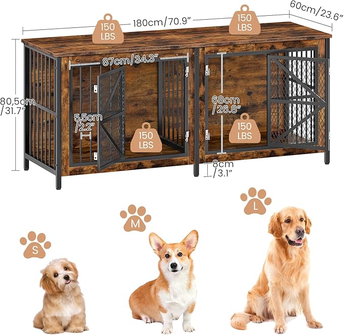 71 Inch Double Dog Crate Furniture for 2 Dogs, Wooden Dog Crate End Table for Medium/Large Dogs, Dog Kennel Furniture with Divider & Double Metal Doors, Rustic Brown and Black TGW02BF