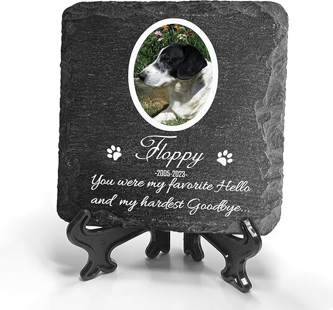 Personalized Individual Square Memorial Plaque + Stand for Pet Cat Dog Slate Stone Frame Paw Grave Marker - Size 3.94" x 3.94" or 100 x 100 mm - White Frame Photo