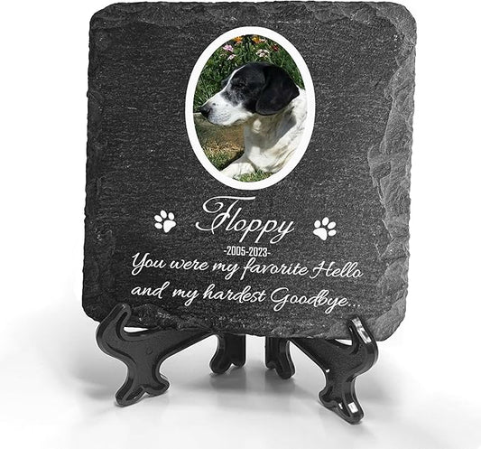 Personalized Individual Square Memorial Plaque + Stand for Pet Cat Dog Slate Stone Frame Paw Grave Marker - Size 3.94" x 3.94" or 100 x 100 mm - White Frame Photo