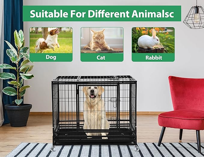 48'' Heavy Duty Dog Crate for Medium and Large Dogs Double Doors & Locks Design Escape Proof Strong Metal Dog Cage with Wheels, Indoor Large Dog Crate Heavy Duty Stackable Dog Kennel with Tray