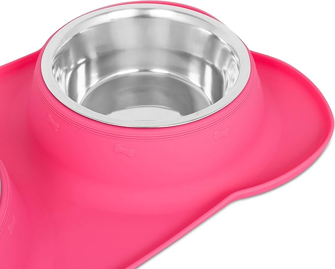 Internet's Best Bone Dog Bowl Set | Double Stainless Steel Pet Food Large Water Bowls | No Spill Silicone Stand | Large Medium Breeds | Pink