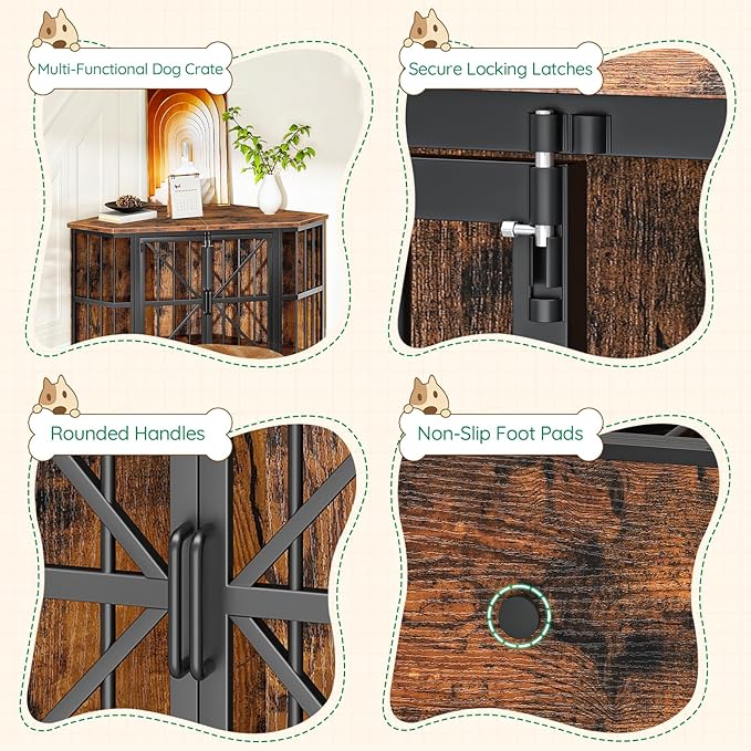 44" Corner Dog Crate Furniture, Corner Dog Kennel Furniture with X-Design Metal Frame, Corner Dog Crate TV Stand for Medium Dogs, Pet Crates Corner End Table, Rustic Brown and Black TGW03BF