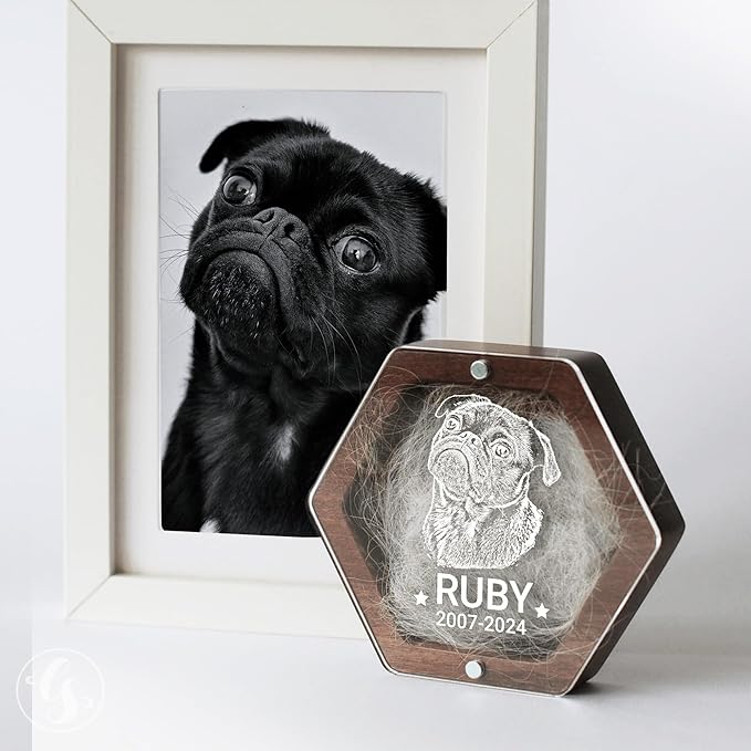 Personalized Pet Hair Keepsake Box for Dog and Cat Fur - Engraved Wood Memorial Box - Unique Customized Gift for Loss of Furry Friend Wooden (Dark Diamand Clear Lid, With Photo)