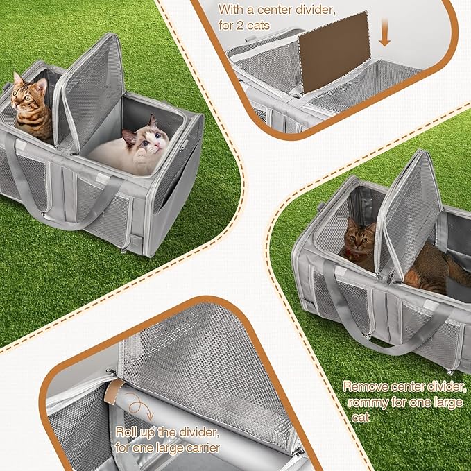 Cat Carrier for 2 Cats with Litter Box, Large Cat Travel Carrier for Car Travel, Double-Compartment Soft Pet Carrier with Breathable Mesh, up to 30lb - for Car, Vet Visits & Camping