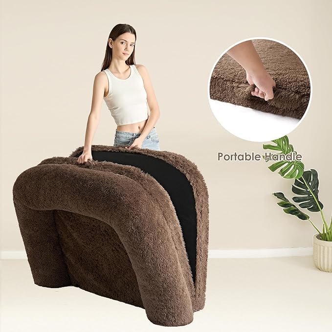 EHEYCIGA Foldable XL Dog Bed, 46"x34"x6.5" Faux Fur Fluffy Pet Couch Bed for Large Dogs, Orthopedic Calming Memory Foam Big Pet Bed, Washable Soft Pet Sofa Bed with Non-Slip Bottom, Brown