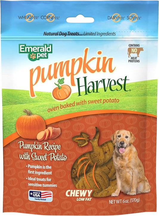 Emerald Pet Pumpkin Harvest Dog Treats - Low-Fat Chewy Natural Dog Treats with Pumpkin for Digestive Health - Meat Free, Wheat Free - Sweet Potato, 6 oz