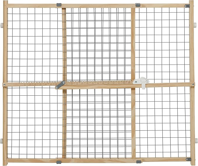 New World Wire Mesh Pet Safety Gate, Dog Gate Expands to 50 Inches Wide, 32 Inches Tall, No Damage to Walls, Natural Wood and Powder Coated Wire