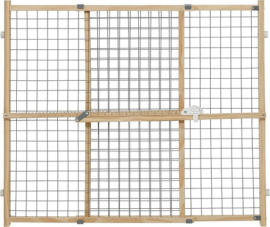 New World Wire Mesh Pet Safety Gate, Dog Gate Expands to 50 Inches Wide, 32 Inches Tall, No Damage to Walls, Natural Wood and Powder Coated Wire