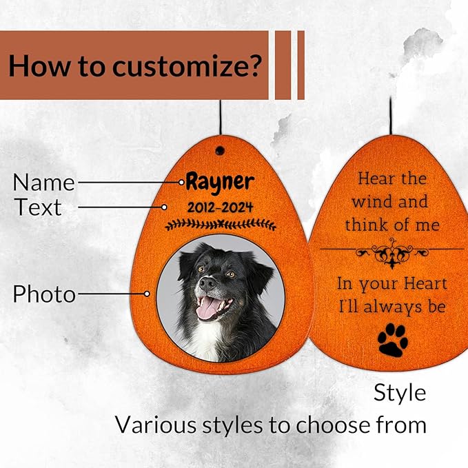Personalized Dog Memorial Gifts for Loss of Dog - Custom Sympathy Wind Chime with Photo & Name, 26"/32"/37" Outdoor Bereavement Keepsake for Garden or Patio(Gold)