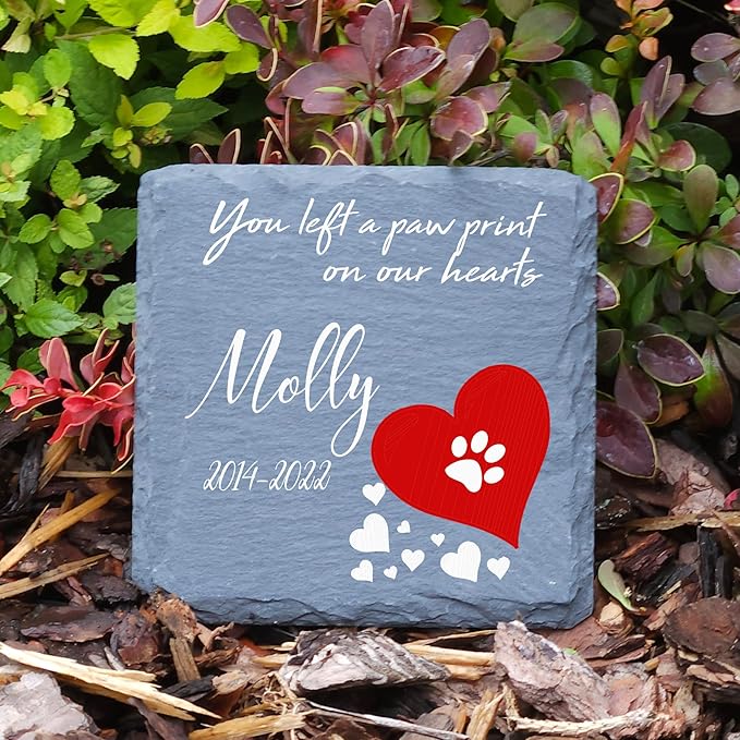 Personalized Individual Square Memorial Plaque + Stand for Pet Cat Dog Slate Stone Frame Paw Grave Marker - Size 3.94" x 3.94" or 100 x 100 mm - Red Heart