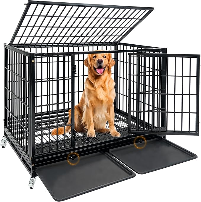 Stackable 47 Inch Heavy Duty Dog Crate for High Anxiety Large Dogs, Indestructible Escape Proof Dog Cage Kennel Indoor with Double Door, Dual Locks, Lockable Wheels, Strong Metal Grid & Removable Tray