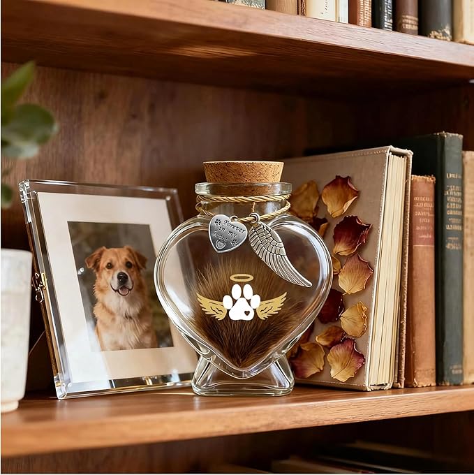 Pet Memorial Bottle for Pet Hair, Pet Fur Memorial Keepsake, Keepsake for Dog and Cat Hair with Heart Shape Glass