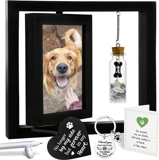 Pet Memorial Gifts Rotating 4x6 Picture Frame Wooden Black Dog Cat Remembrance Keepsake Pet Fur Jar Rainbow Bridge No Longer By My Side Heart Tag Pet In Loving Sympathy Keychain Loss Gift PR-6B