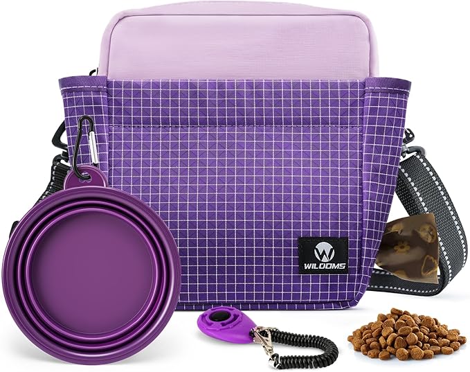 Dog Treat Pouch – Large Capacity with Magnetic Closure, Dog Walking Fanny Pack Built-in Poop Bag Dispenser, Clicker & Collapsible Bowl for Training & Walking - Purple