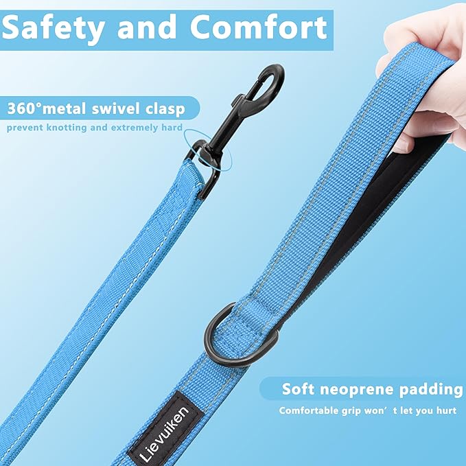 Dog Leash 6.5ft Long, Double Handle Dog Leash for Safety Control Training, Heavy Duty Dog Leads with Traffic Padded Handles, Reflective Leashes for Small Medium Large Dogs(6.5ft, Sky Blue)