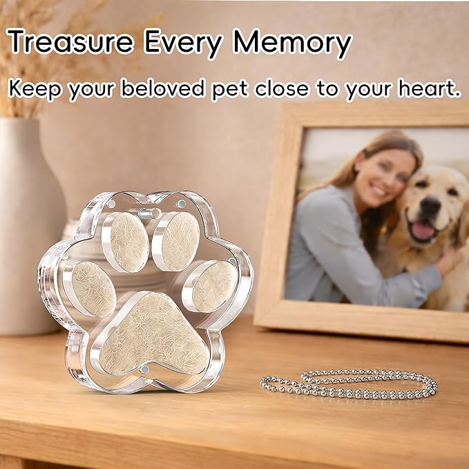 Pet Fur Keepsake Paw – Clear Acrylic Pet Memorial Ornament with Magnetic Openable Memory Chamber, Pet Loss Remembrance Gift for Dog, Cat & Small Animals
